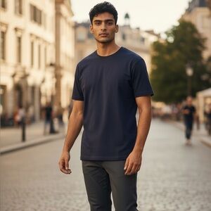 SUITSUPPLY (M) Navy Pima Cotton T-Shirt Classic Soft Tailored Fit Crewneck